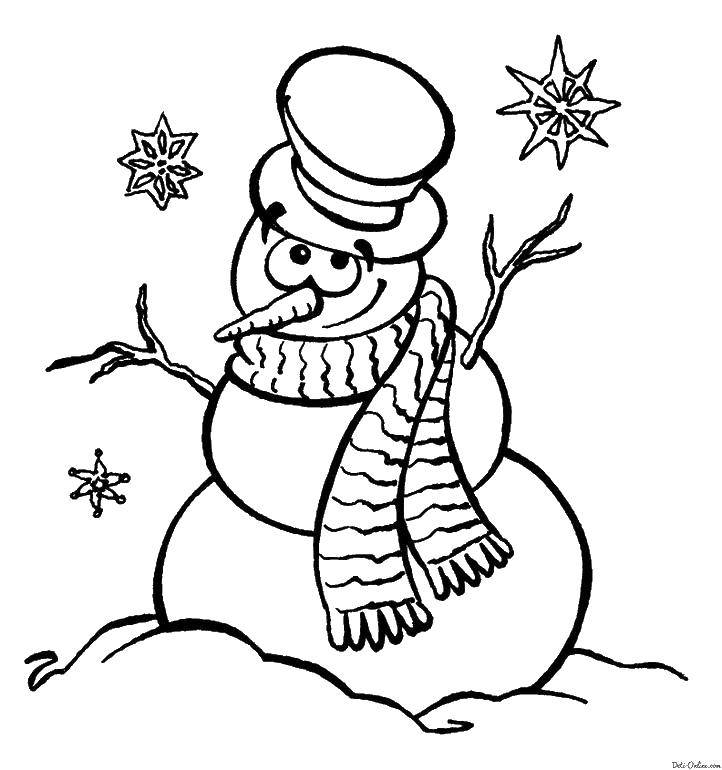 Раскраски подающий снег, снежинки, снега для детей, для занятий в начальной школе  Снеговик