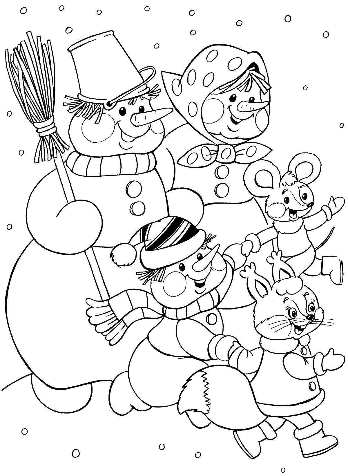 Раскраски подающий снег, снежинки, снега для детей, для занятий в начальной школе  Снеговики,животные