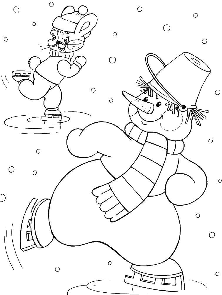 Раскраски подающий снег, снежинки, снега для детей, для занятий в начальной школе  Зайчик и снеговичек на коньках
