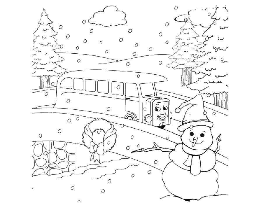 Раскраски для детей Зима, зимушка раскраски для школьников  Автобус едет по мосту зимой