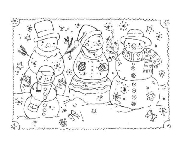 Раскраски для детей Зима, зимушка раскраски для школьников  Семья снеговиков