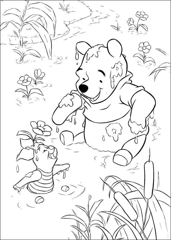 Раскраски из зарубежного мультфильма про Винни Пуха и его друзей для самых маленьких   Винни пух и пятачок купаются от мёда