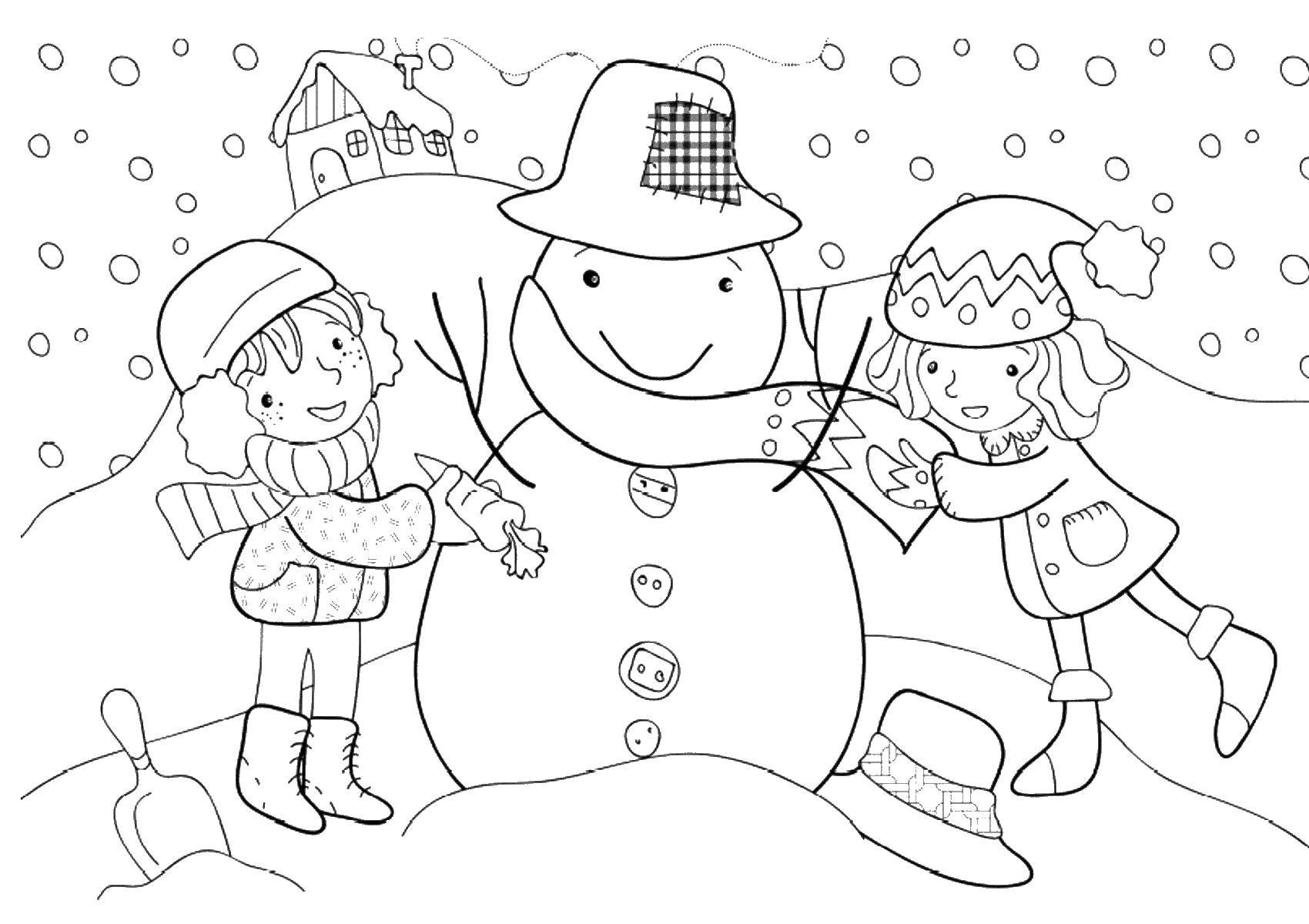 Раскраски подающий снег, снежинки, снега для детей, для занятий в начальной школе  Дети лепят снеговика