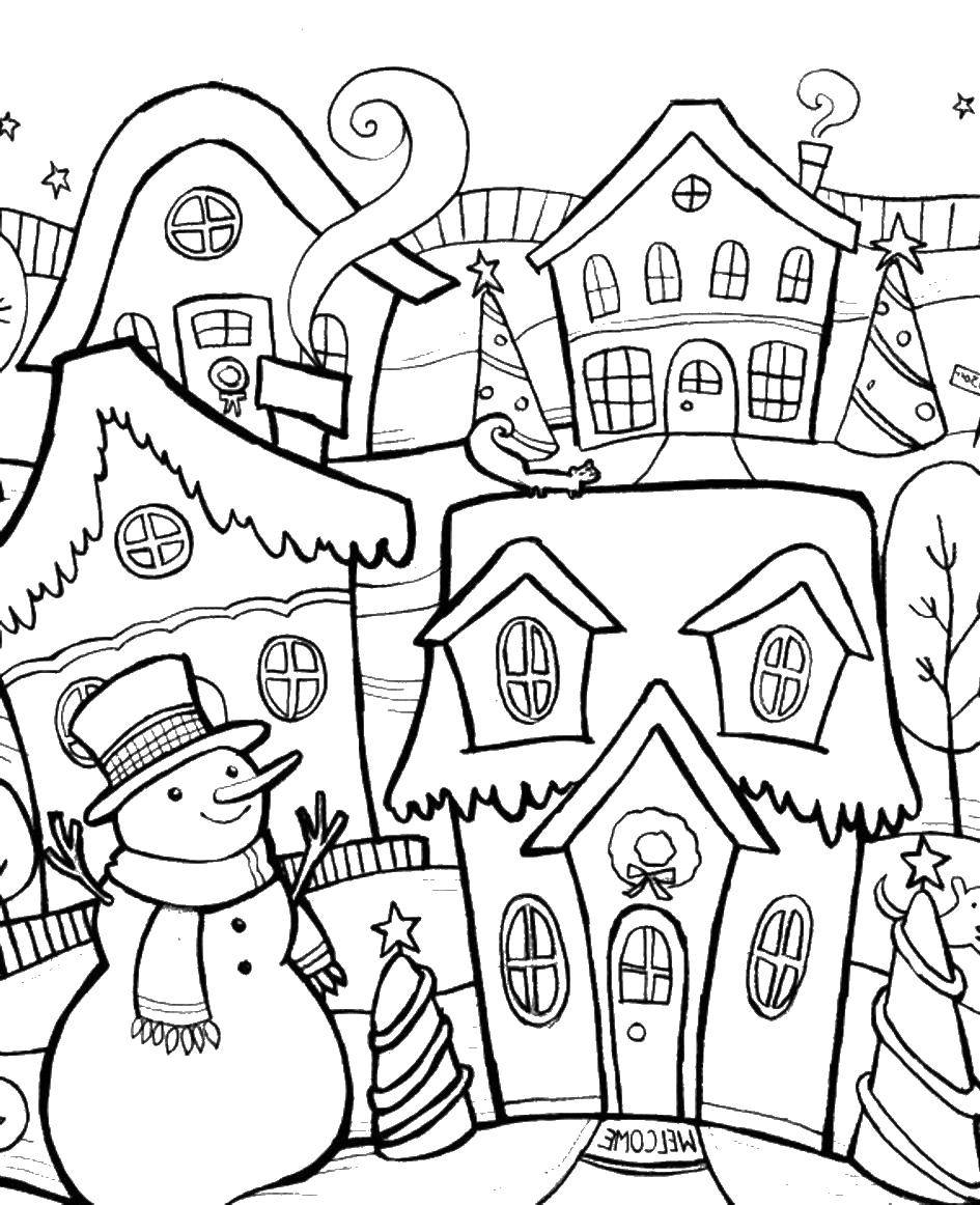 Раскраски для детей Зима, зимушка раскраски для школьников  Город перед новым годом