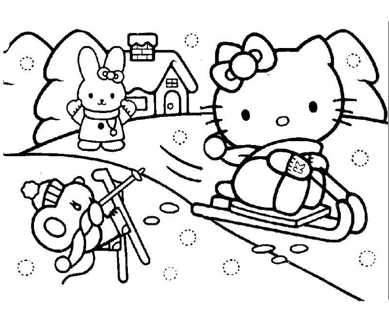 Раскраски для детей Зима, зимушка раскраски для школьников  Китти катается на санках с друзьями