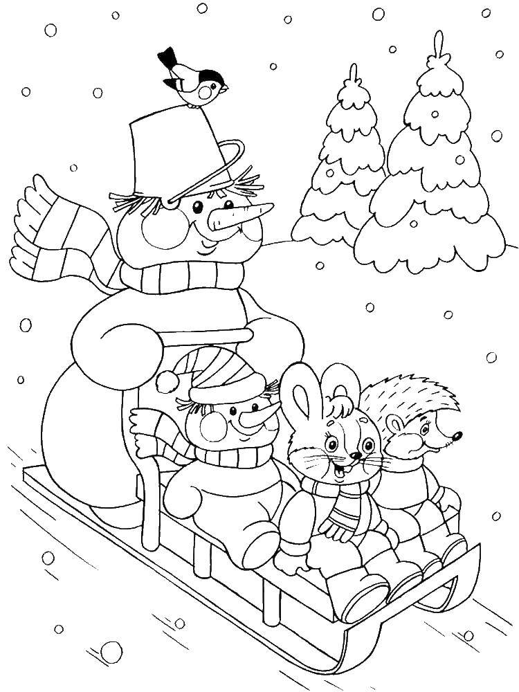 Раскраски подающий снег, снежинки, снега для детей, для занятий в начальной школе  Снеговик катает зверят на санках