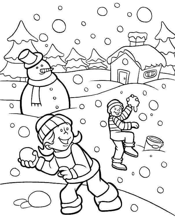Раскраски подающий снег, снежинки, снега для детей, для занятий в начальной школе  Дети кидаются снегом