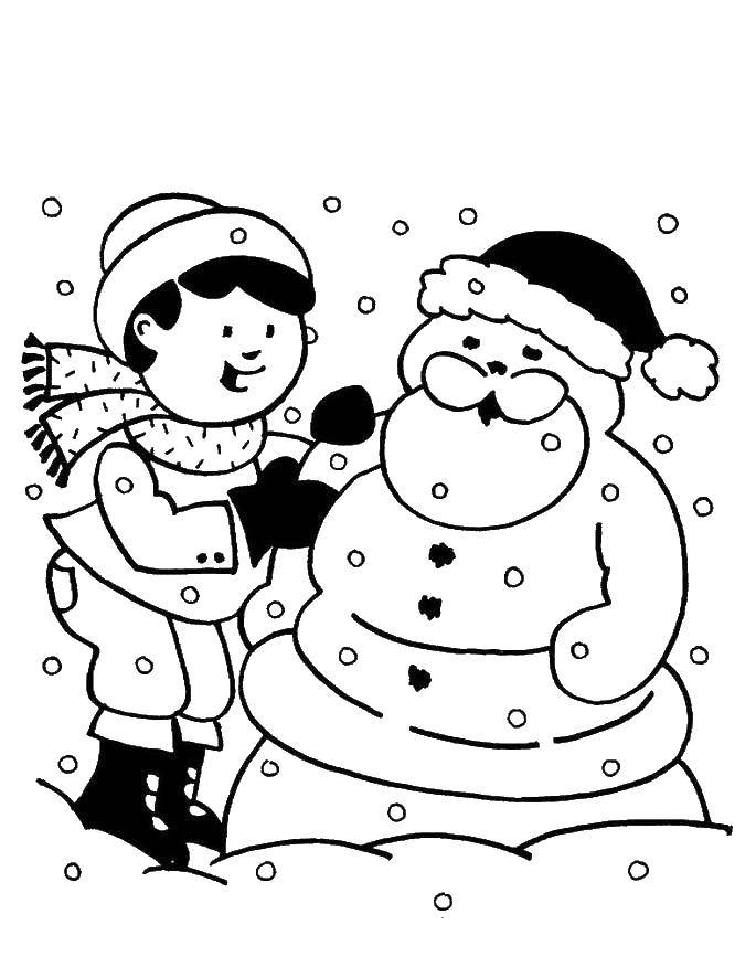 Раскраски подающий снег, снежинки, снега для детей, для занятий в начальной школе  Мальчик лепит снеговика