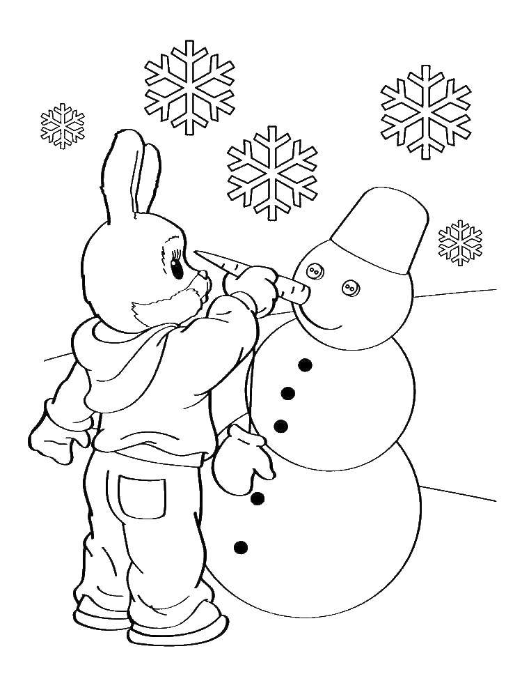 Раскраски подающий снег, снежинки, снега для детей, для занятий в начальной школе  Заяц лепит снеговику нос