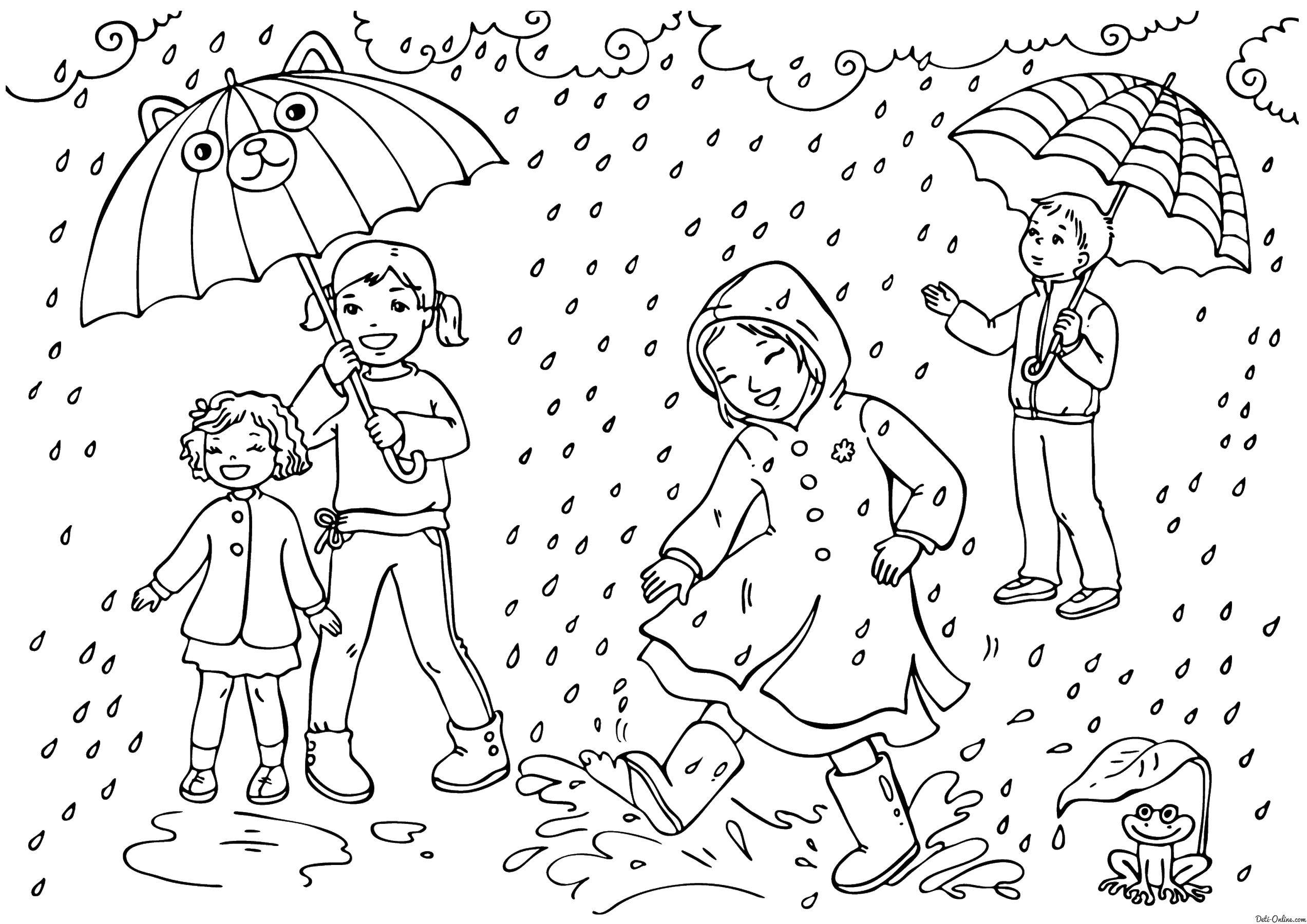 Раскраски природные явления дождь, раскраски дождик для школьников и подростков  Дети гуляют под дождем
