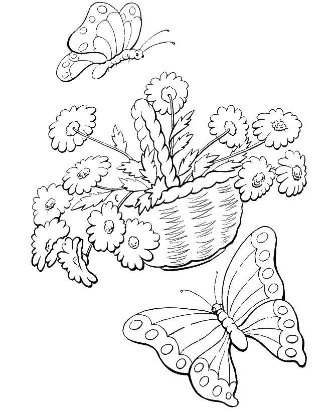 Раскраски весна для детей  Бабочка с корзиной цветов