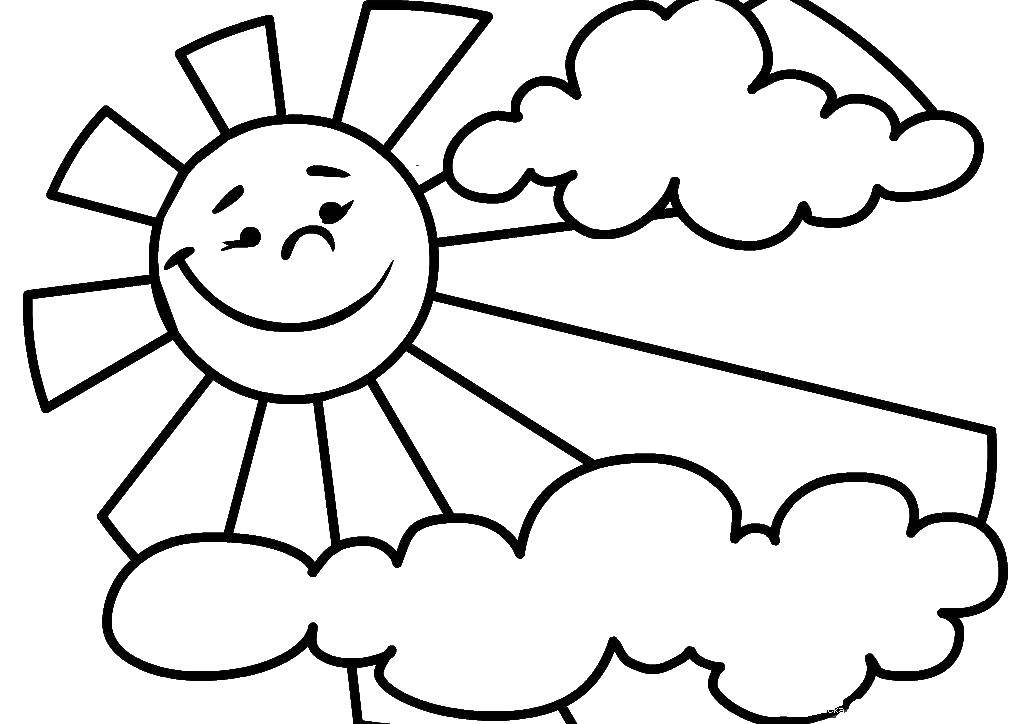 Раскраски облака для школьников, раскраски для начальной школы облака, природные явления  Солнышко в облаках