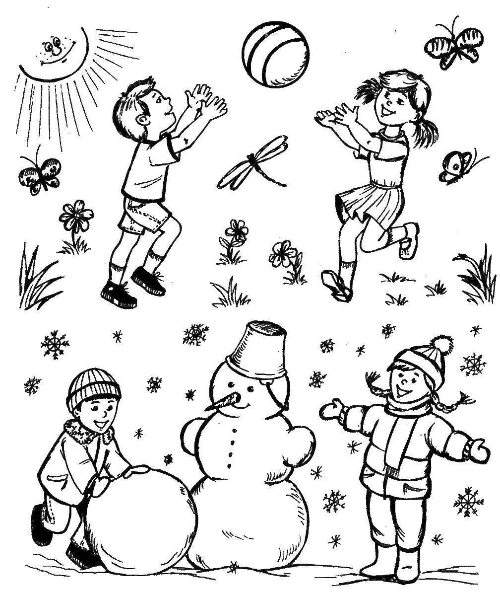 Раскраски для детей Зима, зимушка раскраски для школьников  Лето и зима