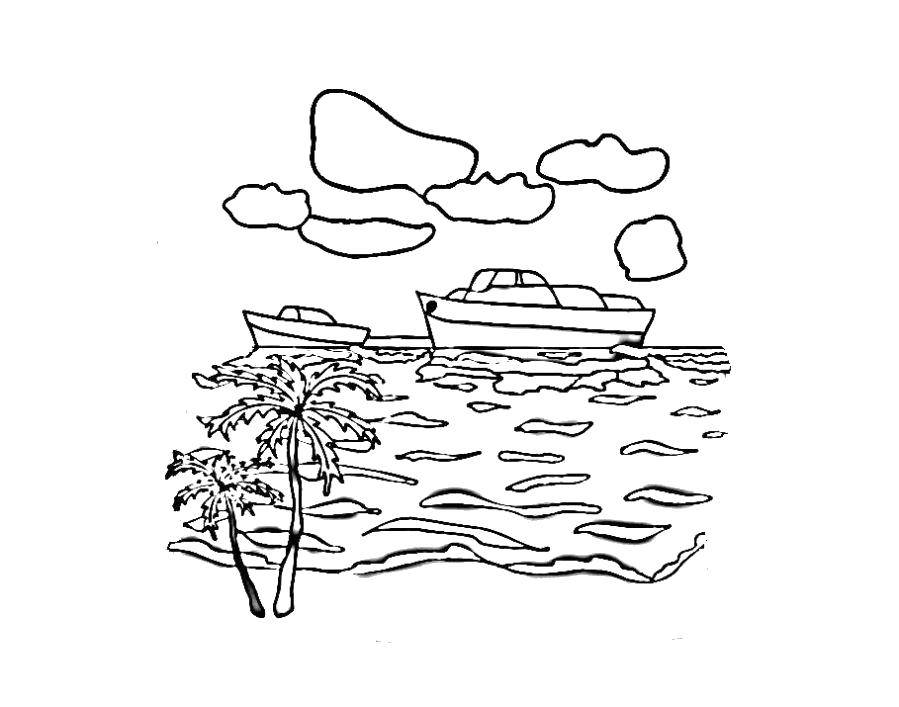  Яхты на воде Две яхты подплывают к острову с пальмами.