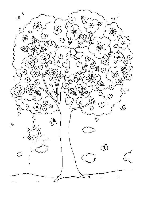 Раскраски весна для детей  Цветущее дерево