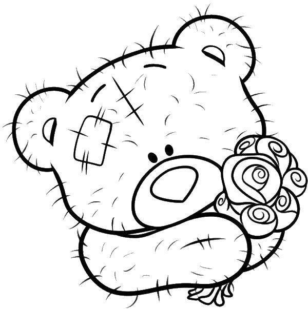Раскраски с мишками Тедди, милые и красивые раскраски для детей с медвежатами  Мишка тедди с цветочками