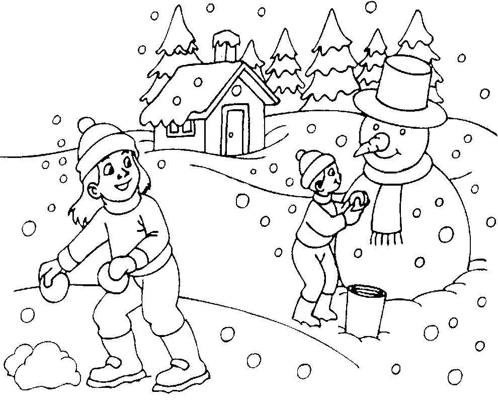 Раскраски зима время года  Дети лепят снеговика