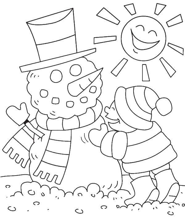 Раскраски для детей Зима, зимушка раскраски для школьников  Ребенок лепит снеговика