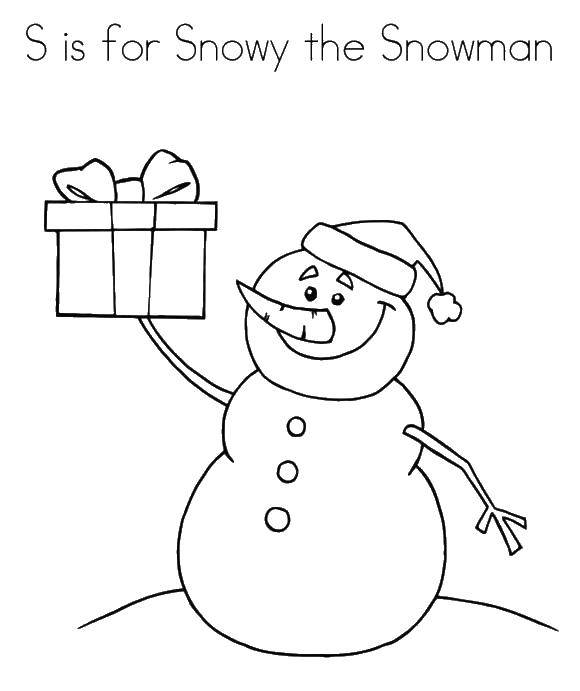 Раскраски для детей Зима, зимушка раскраски для школьников  Снеговик с подарком