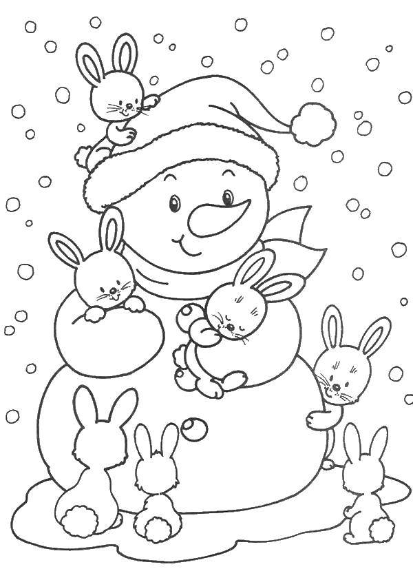 Раскраски для детей Зима, зимушка раскраски для школьников  Снеговик с зайчатками