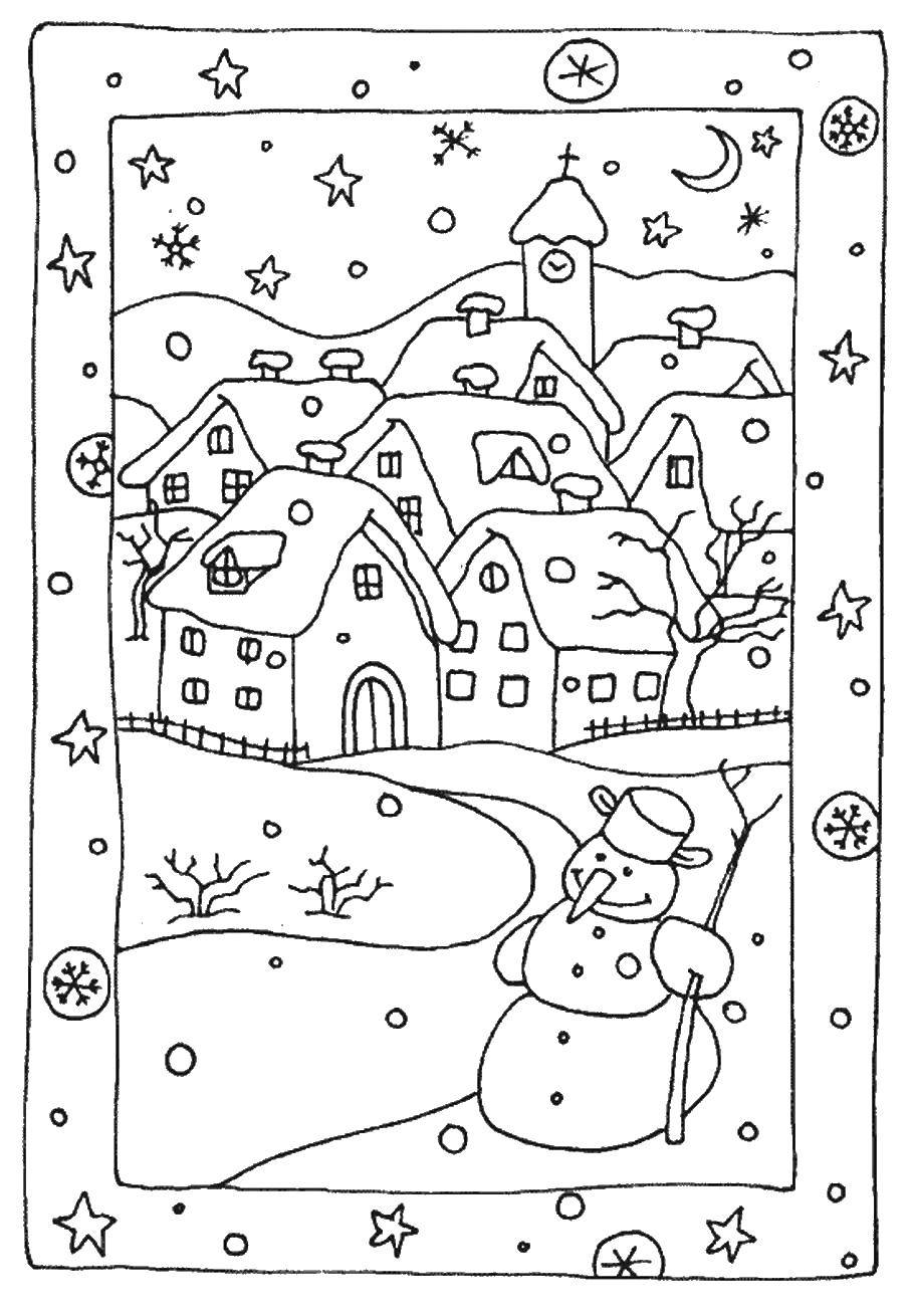 Раскраски для детей Зима, зимушка раскраски для школьников  Снеговик в деревне