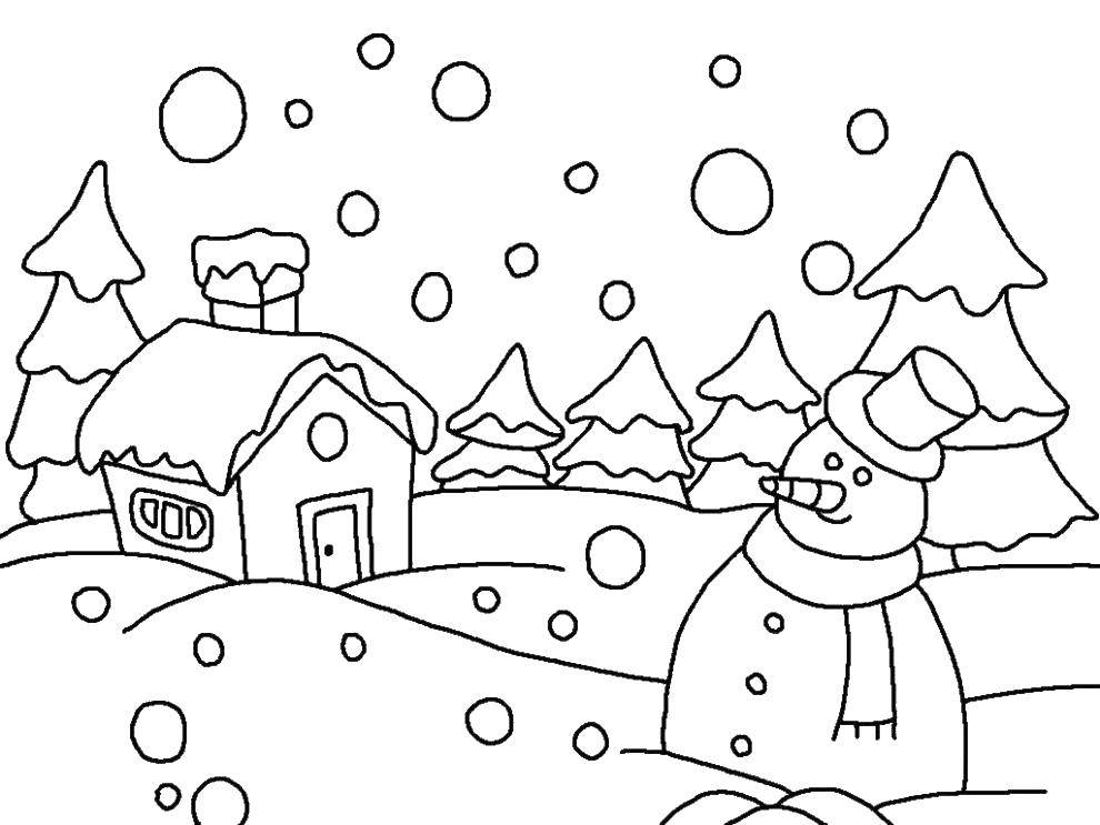 Раскраски зима время года  Снеговик в лесу
