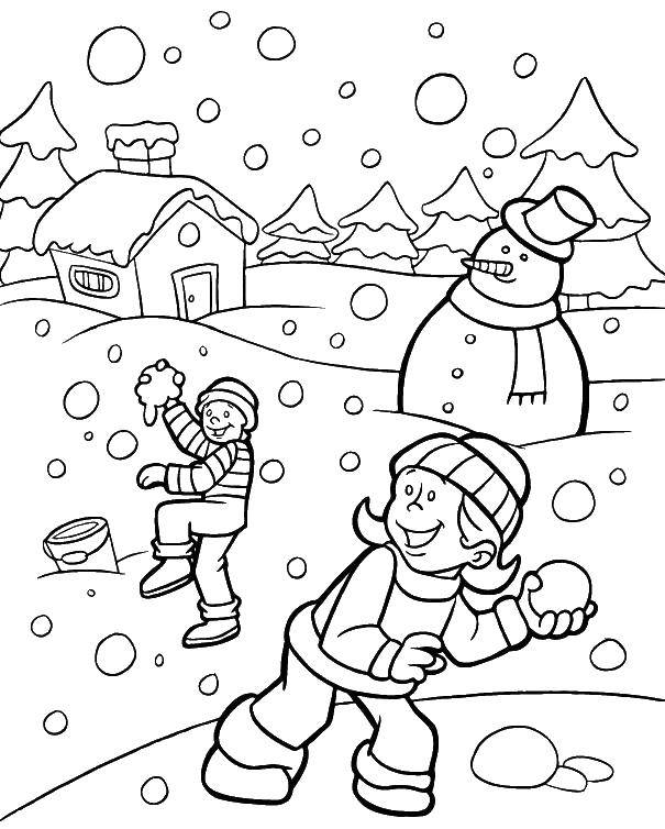 Раскраски зима время года  Дети играют в снежки