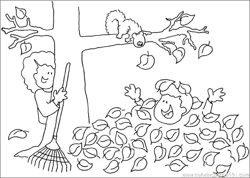 Раскраски осень для малышей, раскраски для детей, раскраски для школьников и подростков  Дети собирают осенние листья