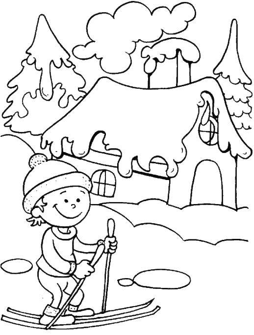 Раскраски зима время года  Мальчик катается на лыжах