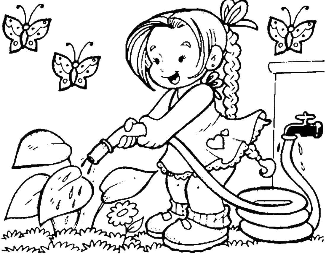 Раскраски весна для детей  Девочка поливает растения среди бабочек