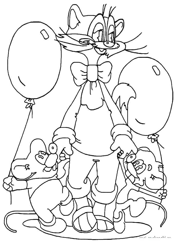 Раскраски про кота Леопольда для малышей  Кот леопольд и мыши идут с шариками