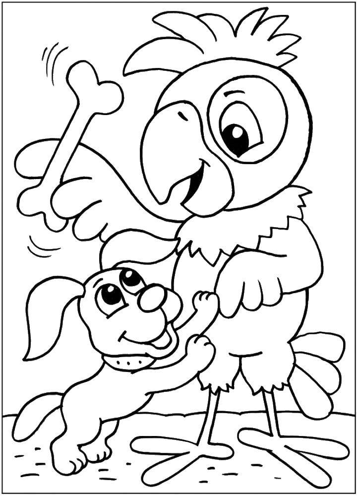 Раскраски Возвращение блудного попугая, раскраски для малышей по советскому мультфильму про попугая Кешу  Попугай кеша и щенок