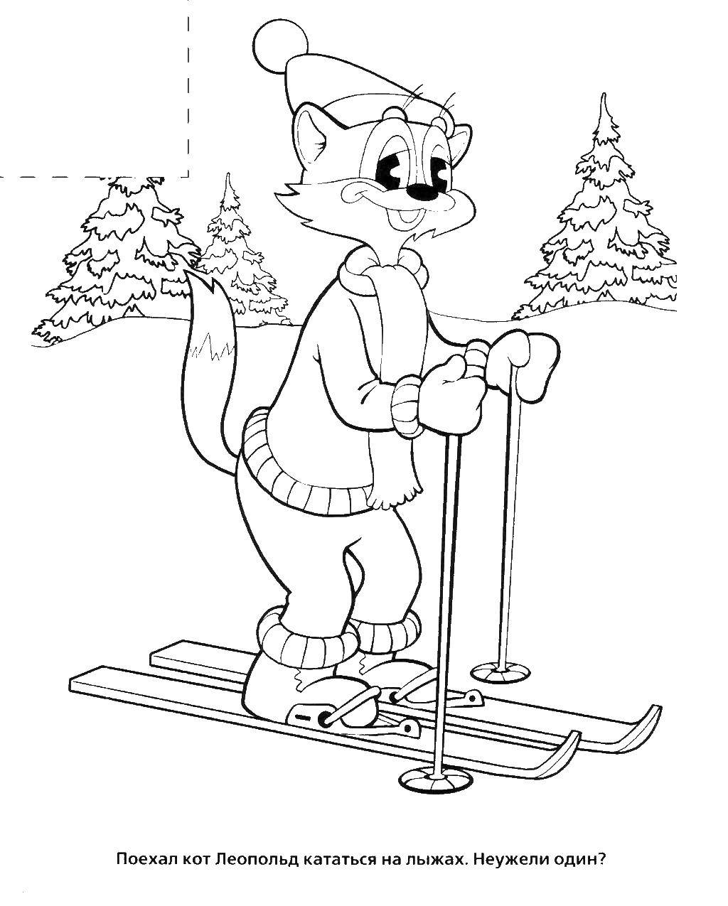 Раскраски про кота Леопольда для малышей  Кот леопольд катается на лыжах
