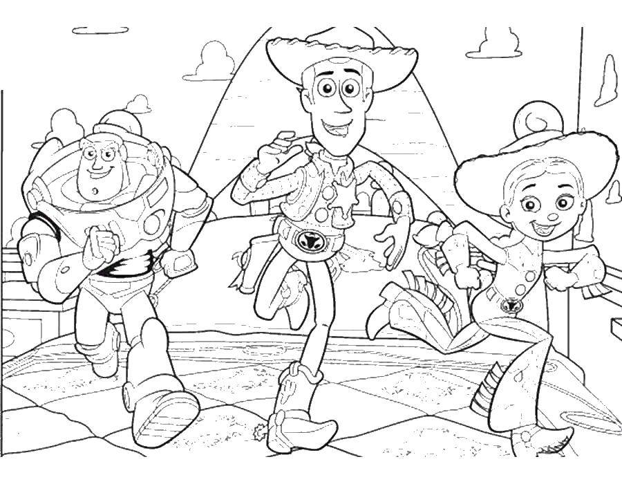 Раскраски для малышей из мультфильма Истории игрушек  Вуди и базз лайтер и джесси бегут