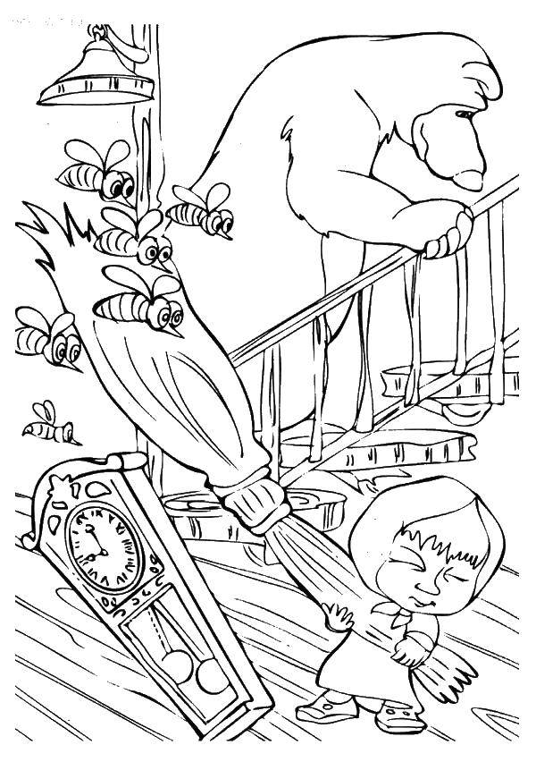 Раскраски для детей про озорную Машу из мультфильма Маша и медведь  Маша гоняет пчел