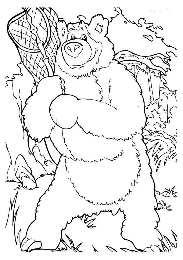 Раскраски для детей про озорную Машу из мультфильма Маша и медведь  Медведь ловит бабочку