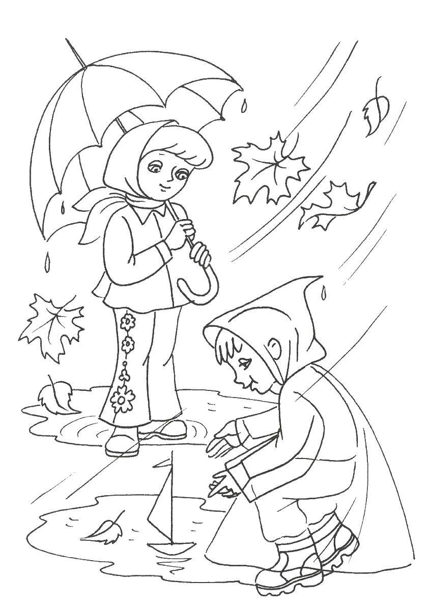 Раскраски осень для малышей, раскраски для детей, раскраски для школьников и подростков  Дети играют под дождем