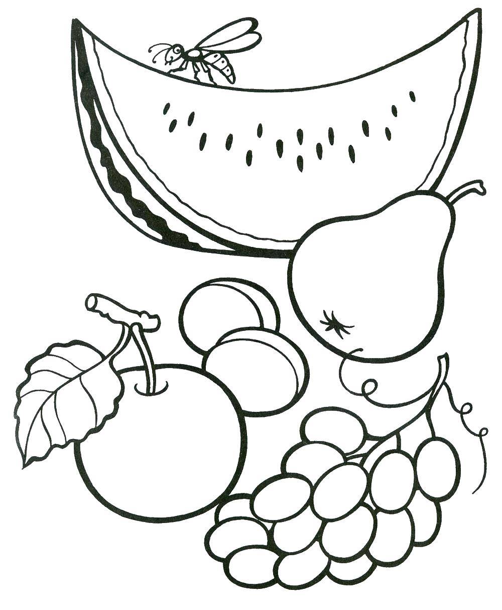 раскраски фрукты яблоки бананы груши персики виноград  Фрукты и ягоды