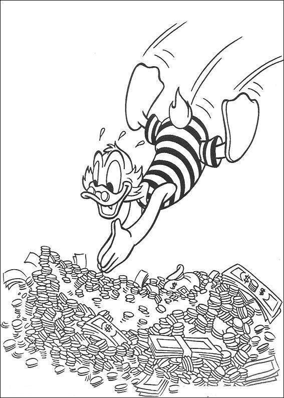 Раскраски из диснеевского мультфильма Утиные истории для самых маленьких  Дональд прыгает в свои богатства