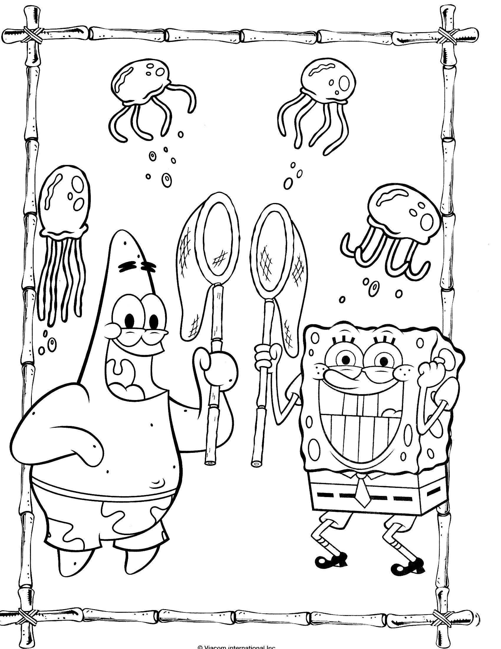 Раскраски Спанч Боб для малышей  Спанч боб и патрик охотятся на медуз