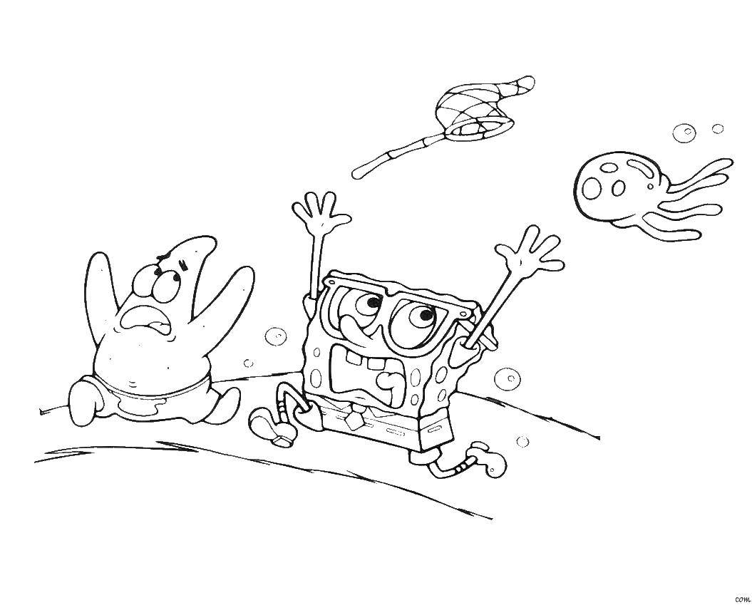 Раскраски Спанч Боб для малышей  Спанч боб и патрик убегают от медузы