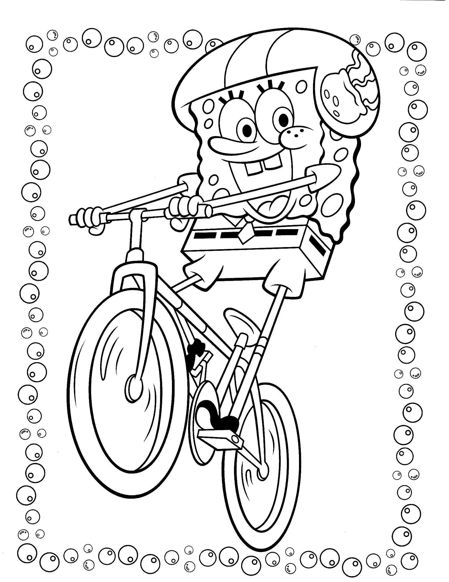 Раскраски Спанч Боб для малышей  Спанч боб катается на велосипеде