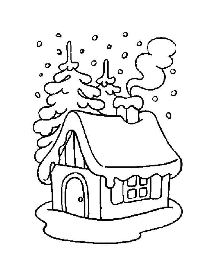 Раскраски подающий снег, снежинки, снега для детей, для занятий в начальной школе  Домик в лесу зимой