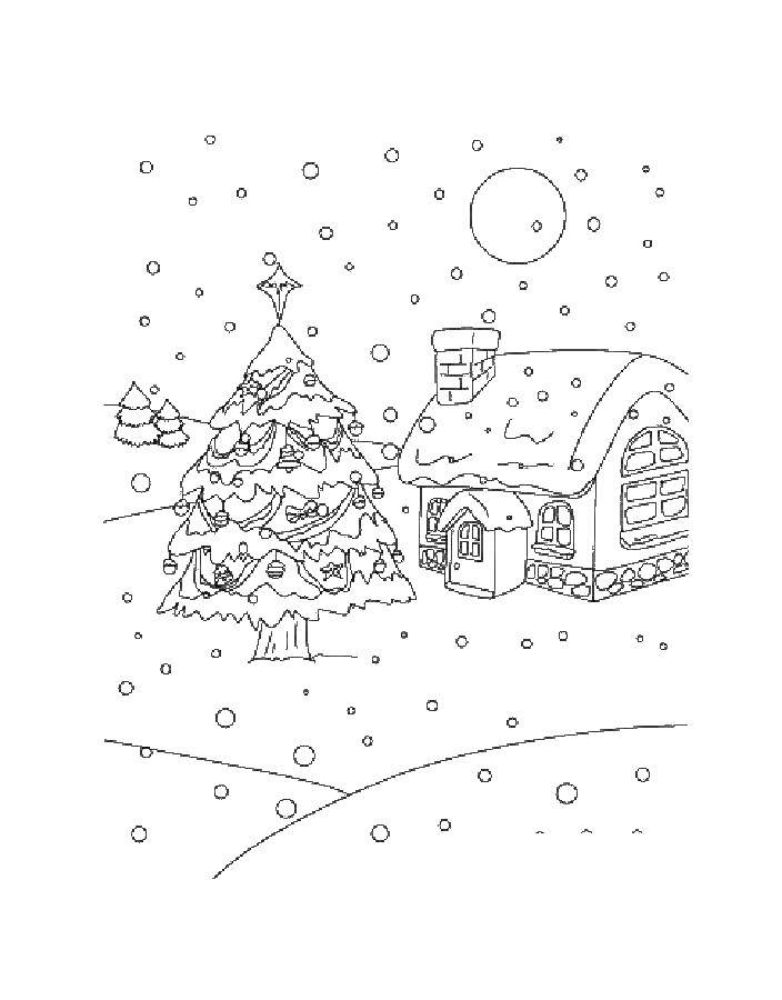 Раскраски подающий снег, снежинки, снега для детей, для занятий в начальной школе  Нарядная елка у дома