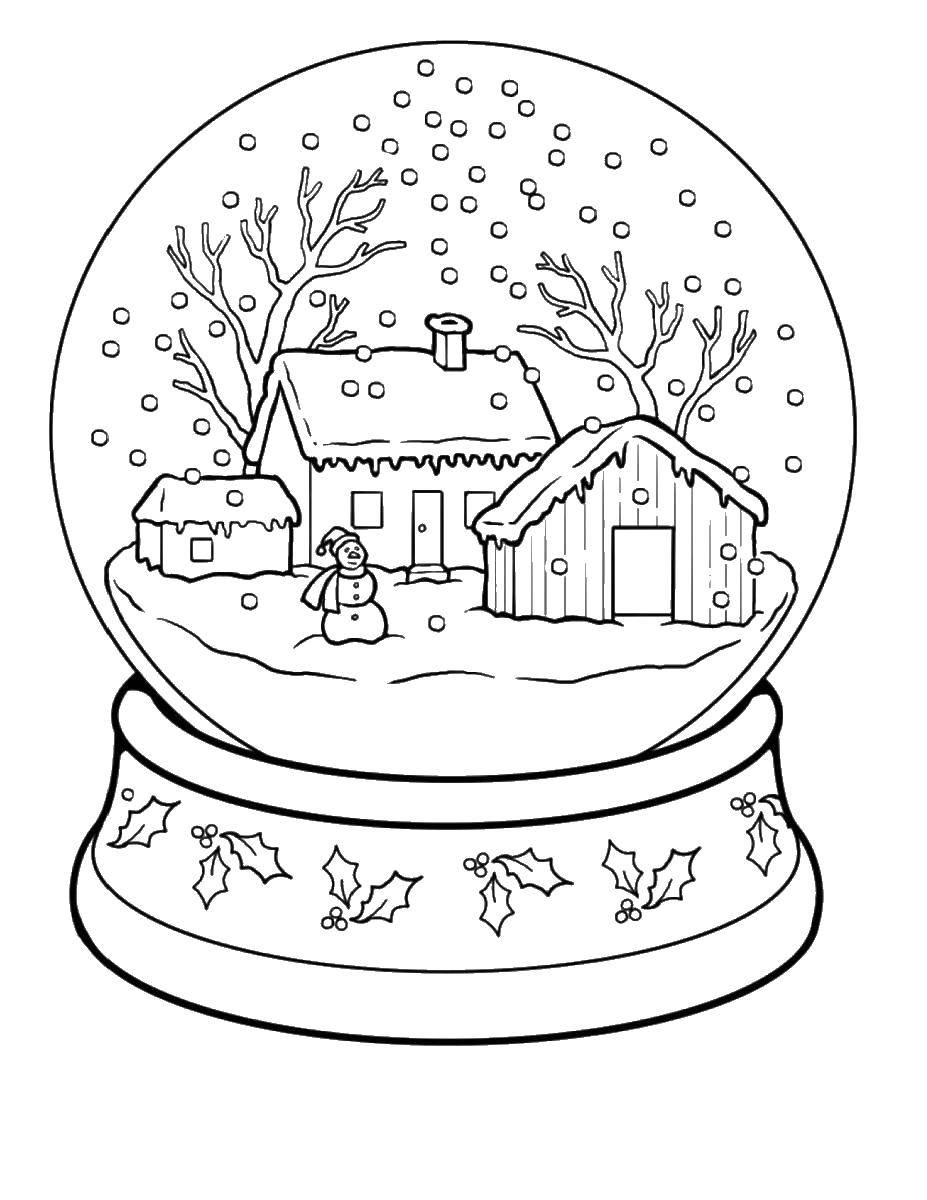 Раскраски подающий снег, снежинки, снега для детей, для занятий в начальной школе  Снеговик в стеклянном шарике