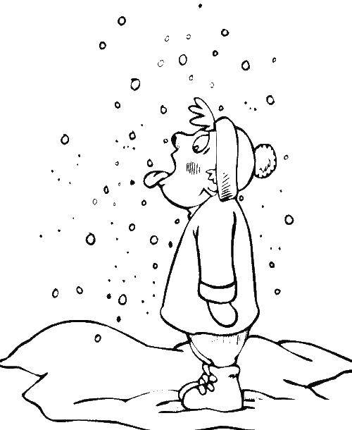 Раскраски подающий снег, снежинки, снега для детей, для занятий в начальной школе  Мальчик ловит снег ртом