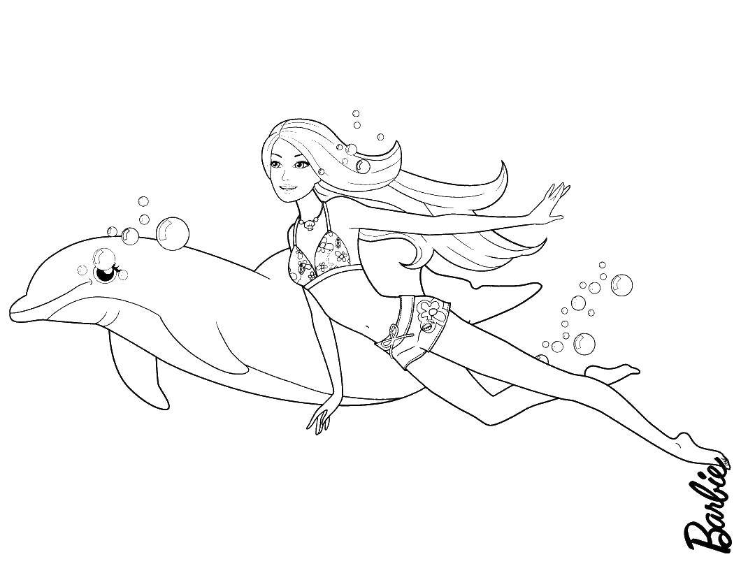 Раскраски с барби по серии мультфильмов  для девочек  Барби плавает с дельфином