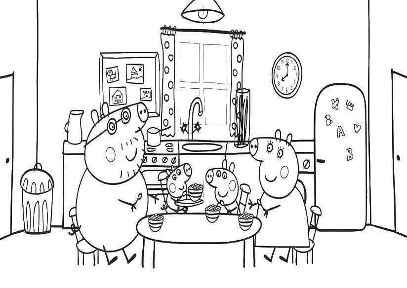 Познавательные и забавные раскраски для детей про свинку Пеппу  Свинка пепа и ее семья за столом