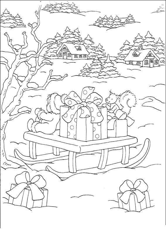 Раскраски для детей Зима, зимушка раскраски для школьников  Сани с подарками