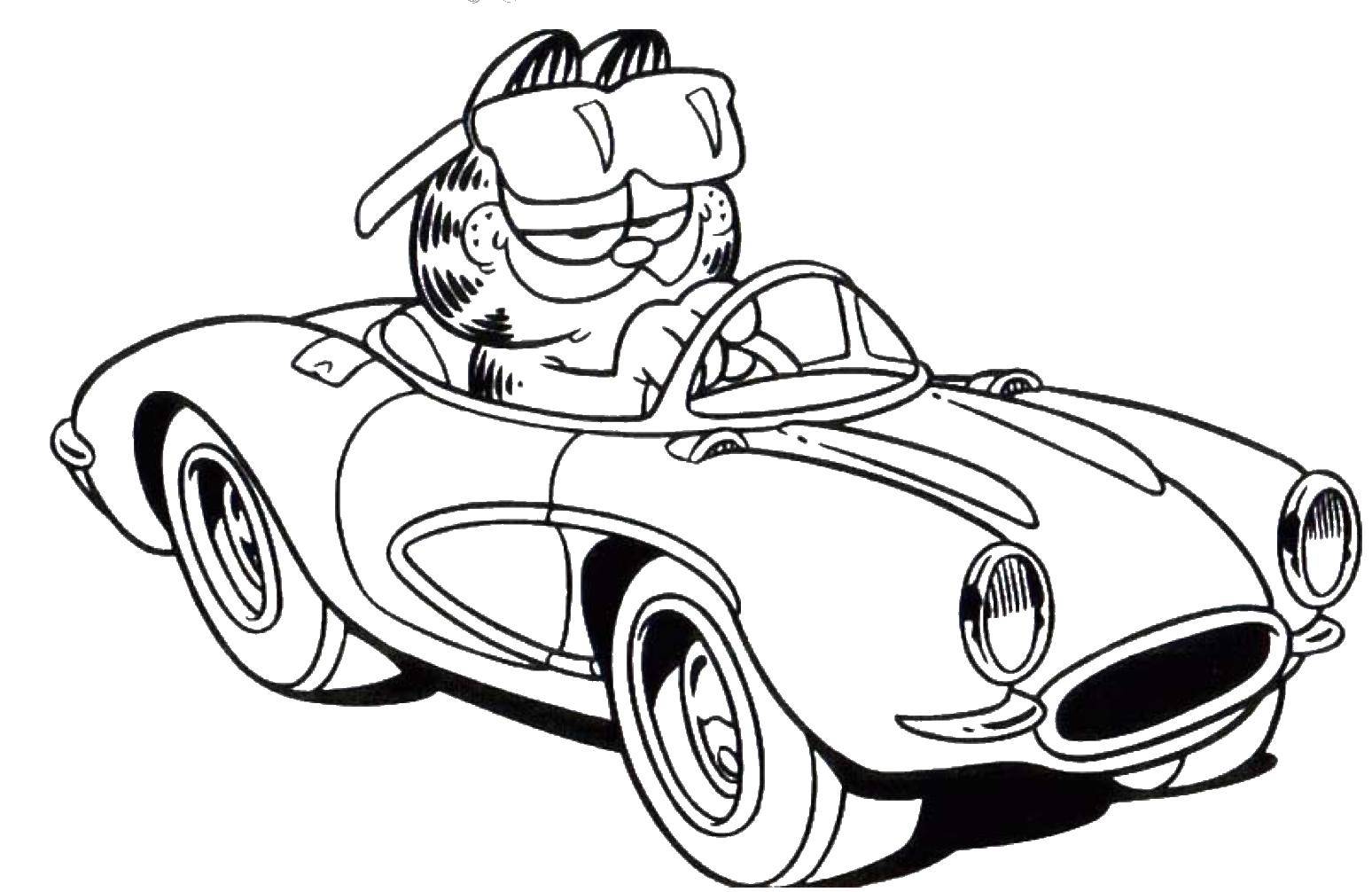 Раскраски про приключения кота Гарфилда для детей  Гарфилд едет на машине